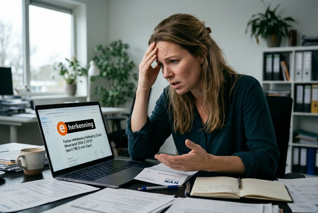 Ondernemer kijkt geschrokken naar een verlengingsfactuur voor eHerkenning op haar laptop